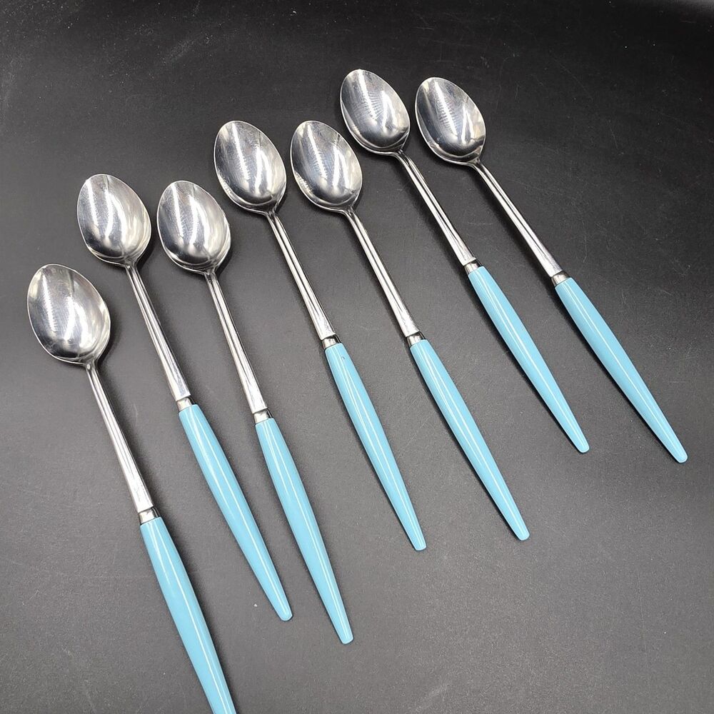Vintage MCM Castle Stainless Steel Iced Tea Spoons Set of 7 Turquoise Japan